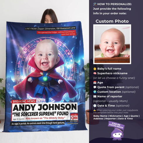 Personalized Sorcerer Baby Blanket – Custom CNN Superhero Design with Magic Quote & Photo